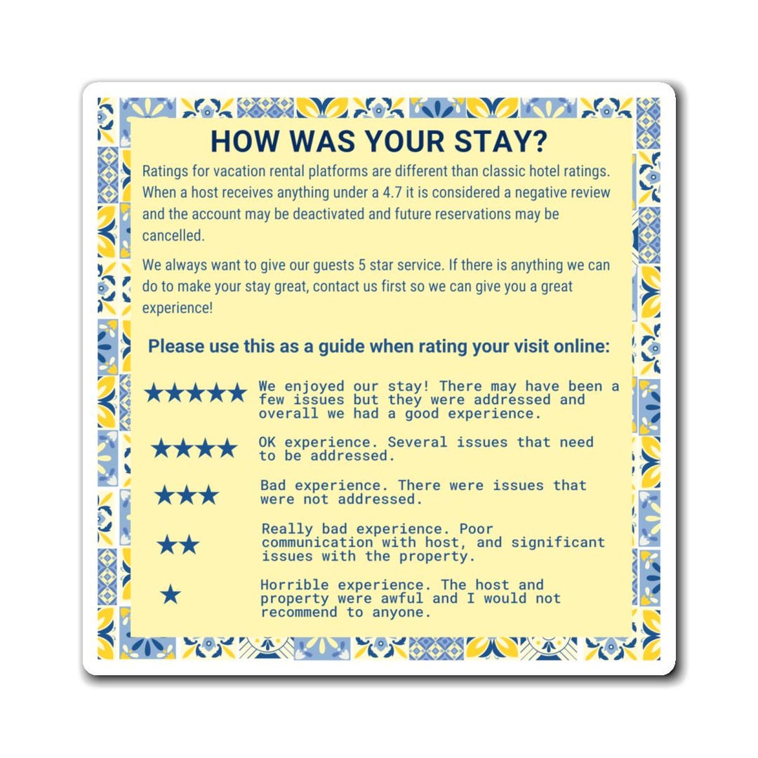 Vacation Rental 5-star Rating Guide Magnet, Summer Tile Design - Etsy