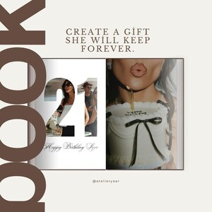 Op de afbeelding: Een fotoboek met de tekst CREATE A GIFT SHE WILL KEEP FOREVER. De open pagina's tonen een groot nummer 21, een foto van mensen, de cursieve tekst Happy Birthday Love en een foto van een witte taart met een zwart lint en een kaarsje.