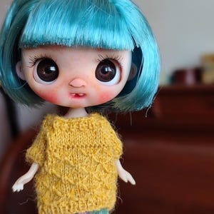 Può includere: Bambola Blythe con capelli blu e grandi occhi marroni. La bambola indossa un maglione giallo lavorato a maglia e una gonna verde floreale. La bambola ha guance rosee e una bocca piccola. Un oggetto da collezione.