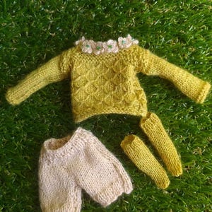 Può includere: Un completo di maglia per bambola in giallo senape e crema. Il maglione ha un bordo decorativo di fiori intorno al collo. Il completo comprende un maglione, pantaloni e gambali.