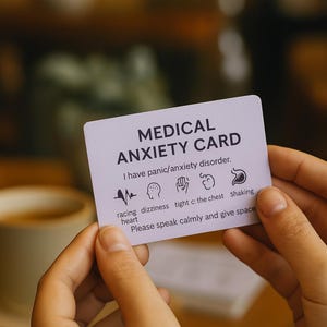May include: A white medical anxiety card with black text and icons is held between two hands. The card reads "MEDICAL ANXIETY CARD" and lists symptoms like racing heart and dizziness. The card also says "Please speak calmly and give space."