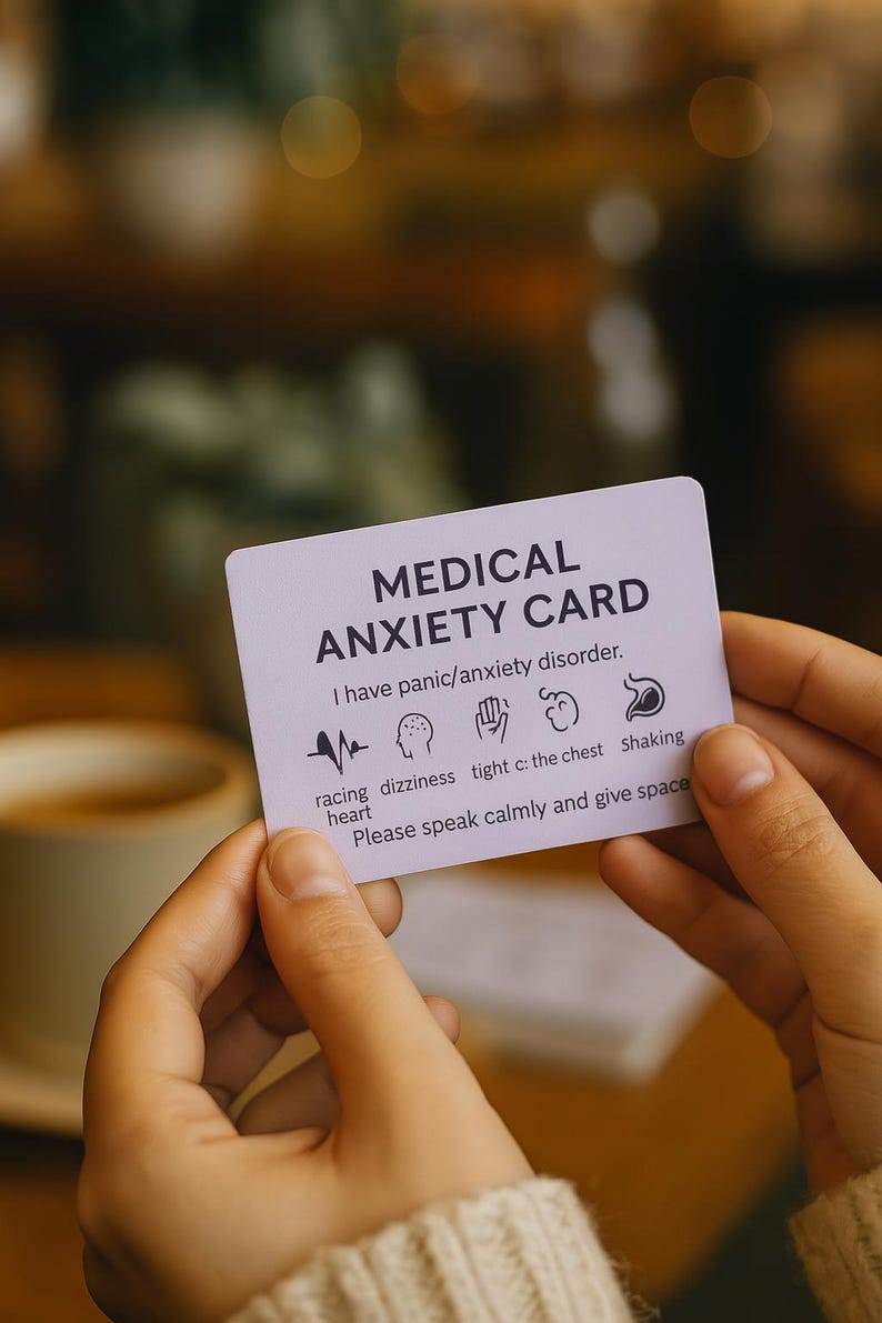 May include: A white medical anxiety card with black text and icons is held between two hands. The card reads "MEDICAL ANXIETY CARD" and lists symptoms like racing heart and dizziness. The card also says "Please speak calmly and give space."