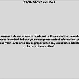 May include: A gray graphic with the text "# EMERGENCY CONTACT" and fields for name, relationship, phone, email, and address. The text below advises keeping emergency contact information updated.