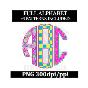 Summer Bright Checkered Floral Polka Dot Monogram PNG DTF Sublimation Font | Preppy Monogram Font | Mix Pattern Monogram Circle Scallop PNG