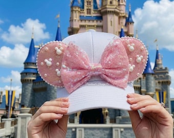 Sombrero de lentejuelas de perlas de Minnie Lugar mágico Orejas de Mickey Mouse Minnie Lazo Gorra de béisbol Sombrero de orejas Parque temático Halloween Disfraz Sombrero Gorra