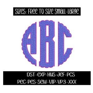 May include: A monogram design featuring the letters "ABC" in a blue stitched pattern, enclosed within a scalloped circle. The text "SIZES: FREE TO SIZE SMALL-LARGE" is above the monogram, and "DST-EXP-HUS-JEF-PCS PEC-PES-SEW-VIP-VP3-XXX" is below.