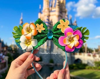 Moana, princesa hawaiana, lugar mágico, orejas de Mickey, ratón, Minnie, diadema con lazo, diadema con orejas, parque temático, Halloween, cosplay, accesorios para la cabeza