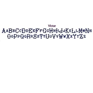 May include: A complete alphabet in a dark blue, decorative font. The letters are in uppercase and lowercase, with a unique, stylized design. The word "Victor" is above the alphabet in a smaller, red font.