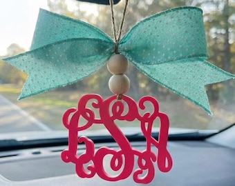 Custom Car Monogram Charm: wooden beads Car sign Essential Oil Diffuser, Rear View Mirror Decor