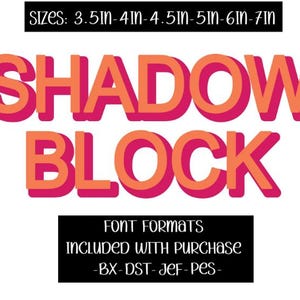 Könnte beinhalten: Grafikdesign mit den Worten "SHADOW BLOCK" in 3D-Effekt, mit Orange- und Rosatönen. Das Bild enthält Größenoptionen von 8,89 cm bis 17,78 cm und Schriftformate, die im Kauf enthalten sind.