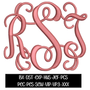 May include: A pink monogram design featuring the letters R, S, and T in an elegant, swirling script. The letters are intertwined with decorative flourishes. Below the monogram is a black rectangle with the text: BX-DST-EXP-HUS-JEF-PCS PEC-PES-SEW-VIP-VP3-XXX.