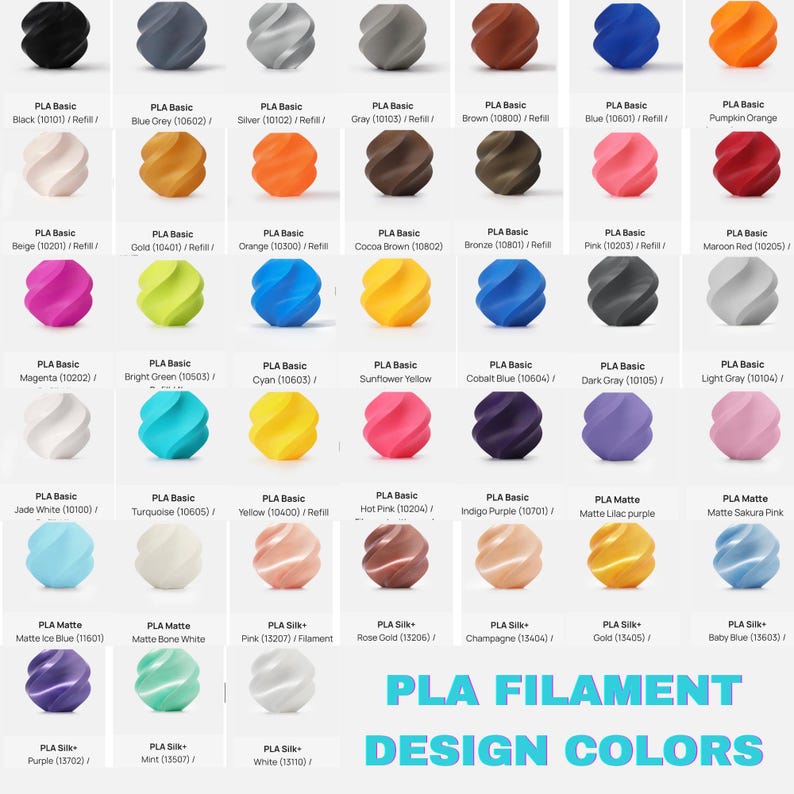 May include: A color chart of PLA filament design colors, featuring various shades of black, gray, brown, and vibrant hues like pink, blue, and yellow. The text "PLA FILAMENT DESIGN COLORS" is displayed at the bottom.