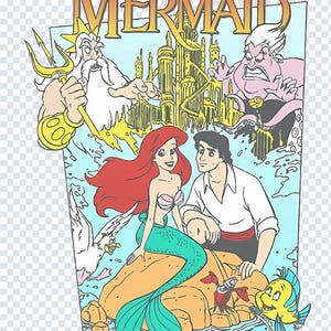 May include: A colorful illustration featuring characters from "The Little Mermaid." Ariel with red hair and a teal tail sits with Prince Eric. King Triton, Ursula, and Flounder are also depicted, along with a castle and the title.