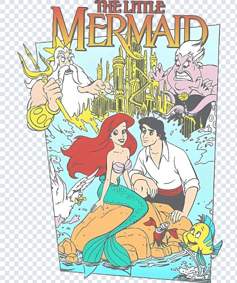 May include: A colorful illustration featuring characters from "The Little Mermaid." Ariel with red hair and a teal tail sits with Prince Eric. King Triton, Ursula, and Flounder are also depicted, along with a castle and the title.