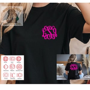 Könnte beinhalten: Schwarzes T-Shirt mit einem leuchtend pinkfarbenen Monogramm. Das Shirt hat einen Rundhalsausschnitt und kurze Ärmel. Eine kleine Hunde-Grafik ist oben links zu sehen. Eine Tabelle zeigt Monogramm-Stile: Kreis, Weinrebe, Jakobsmuschel, Diamant, Master, Jakobsmuschel-Weinrebe, Pfeil, Gestapelt und Fishtail.