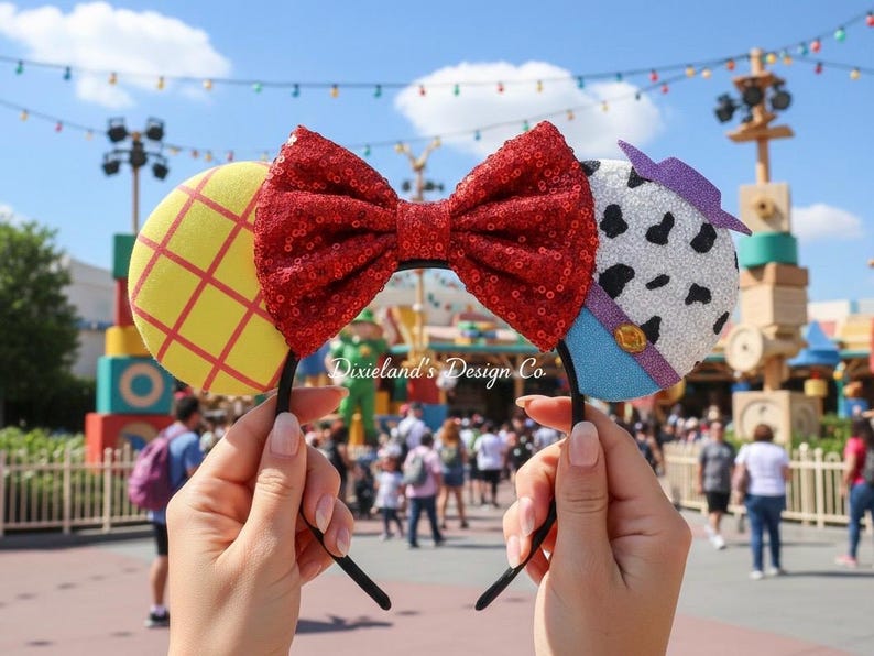 May include: Black headband with themed ears and a red sequin bow. One ear is yellow with a red grid, the other is white with black spots and a purple hat. A fun accessory.