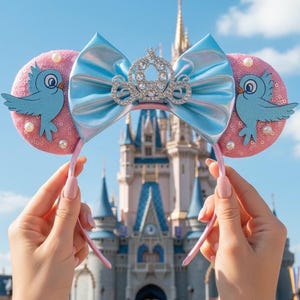 Puede incluir: Orejas de ratón rosas con lentejuelas con detalles de pájaros azul claro y perlas. Un lazo de satén azul claro y una tiara plateada están centrados en la diadema. El fondo presenta un castillo bajo un cielo azul.