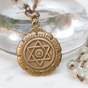 Vintage vrijmetselaar Davidster-ketting – messing fob, rozenkransketting