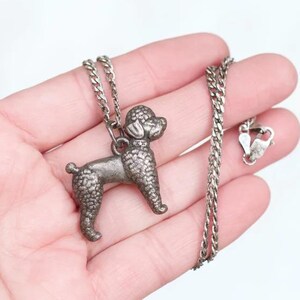 Pode incluir: Um colar com pingente de poodle prateado. O pingente de poodle tem uma superfície texturizada e é preso a uma corrente delicada. O colar é segurado em uma mão contra um fundo branco. O fecho tem formato de coração.