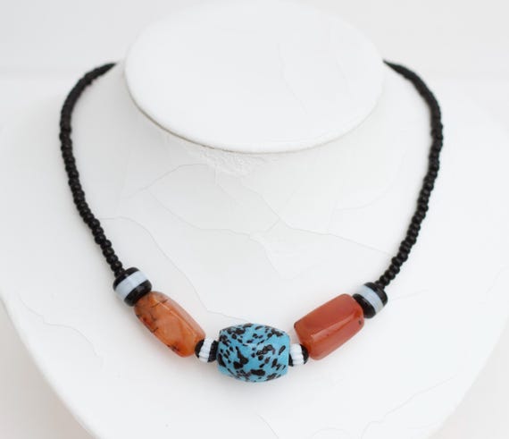 Blue Quail Egg Necklace - 70s Artisan Glass and Agate Choker
