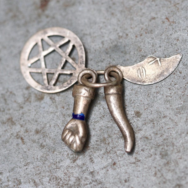 Vintage Sterling Silver Charm Pendant – Figa Hand, Lucky Horn, Crescent Moon
