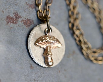 Mushroom Necklace - Gold Tone Mushroom Pendant on Medal - Copper and Pewter - Vintage Oxidised Jewellery