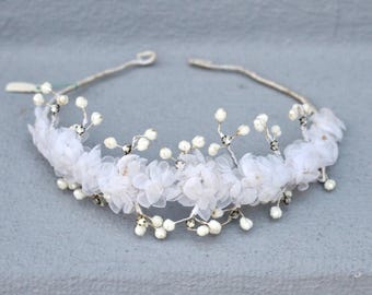 1930s Bridal Tiara – Off White Blossom, Pearl & Rhinestone Wedding Crown Head Band