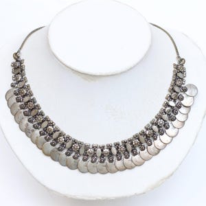 70s Indian Bib Necklace Silver Plated Brass Discs - 18 inch Half Collar