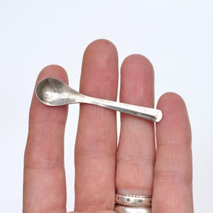 May include: A miniature silver-toned spoon with a smooth, rounded bowl and a straight, flat handle. The small utensil features a polished metallic finish that reflects light, showcasing a simple, clean design without any decorative patterns or engravings.