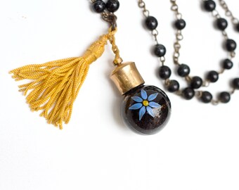 Poison Bottle Necklace - Bubble Black Glass Vial Yellow Tassel on Rosary Chain