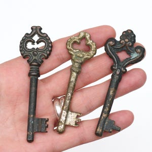 Op de afbeelding: Drie metalen sleutels met sierlijke, decoratieve koppen en rechte schachten. De linker sleutel is donkerbruin, de middelste sleutel heeft een verweerde messing afwerking en de rechter sleutel is donker met een getextureerd, verouderd uiterlijk. Elke sleutel heeft een baard.