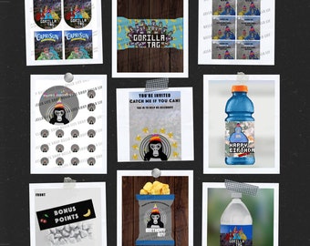 Könnte beinhalten: Ein Satz druckbarer Partydekorationen mit einem Gorilla, der einen Geburtstagshut trägt und eine Banane hält. Die Dekorationen beinhalten Etiketten für Capri Sun-Saftboxen, Wasserflaschen, Chipstüten und ein Banner. Der Text auf dem Banner lautet "Gorilla Tag".