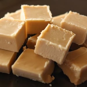 May include: A close-up of a plate of fudge, a sweet treat made with sugar, butter, and milk. The fudge is a light brown color and has a smooth, glossy surface.