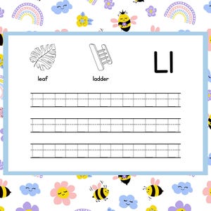 May include: A children's educational worksheet with a white background and a light blue border. The worksheet features the letter "L" with illustrations of a leaf and a ladder. The background is decorated with bees, flowers, rainbows, and clouds.