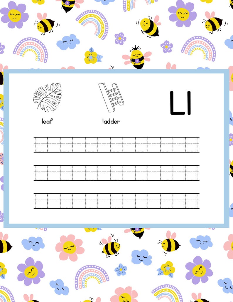 May include: A children's educational worksheet with a white background and a light blue border. The worksheet features the letter "L" with illustrations of a leaf and a ladder. The background is decorated with bees, flowers, rainbows, and clouds.