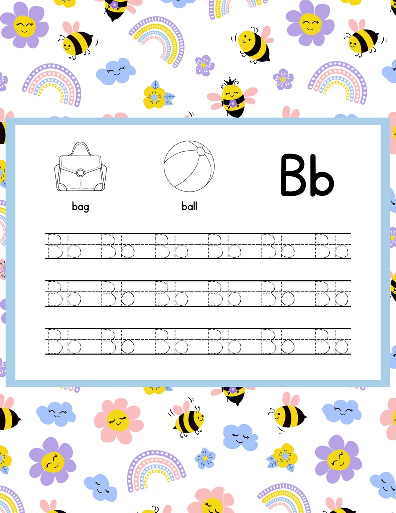 May include: A children's educational worksheet featuring the letter "Bb". The worksheet includes illustrations of a bag and a ball, along with dotted lines for tracing the letter. The background is decorated with bees, rainbows, flowers, and clouds.