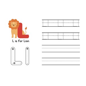May include: A children's educational worksheet featuring a cartoon lion and the letter "L". The text "L is for Lion" is displayed. The worksheet includes tracing exercises for the letter "L" and writing lines.