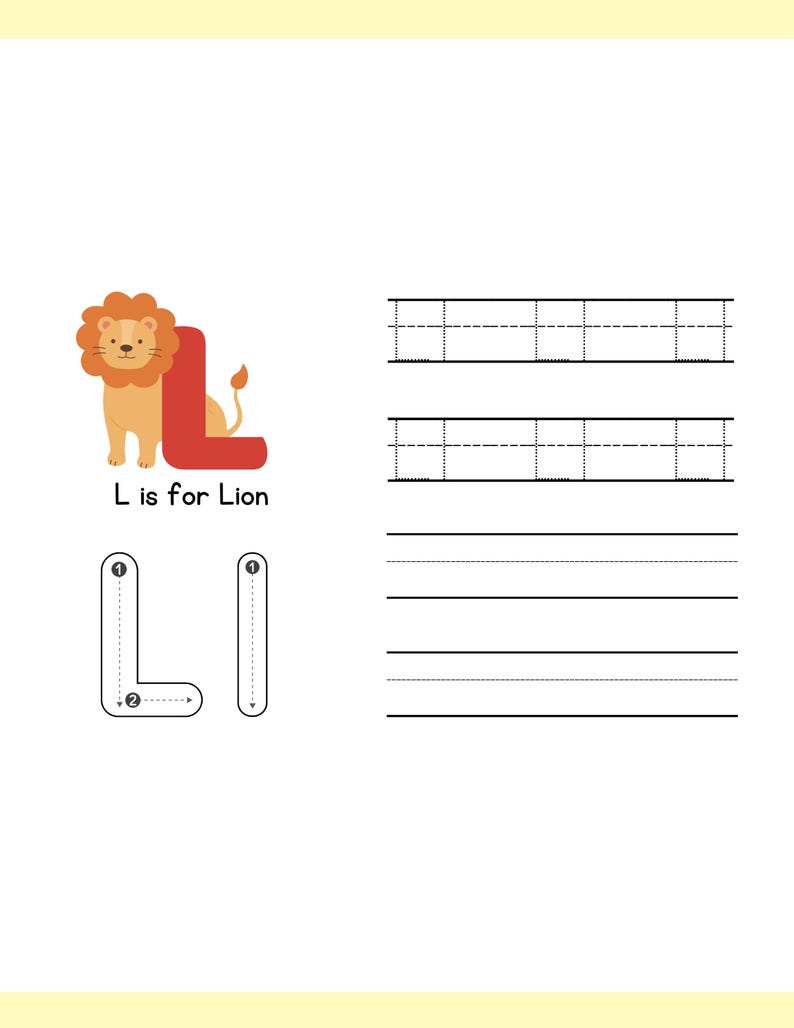 May include: A children's educational worksheet featuring a cartoon lion and the letter "L". The text "L is for Lion" is displayed. The worksheet includes tracing exercises for the letter "L" and writing lines.