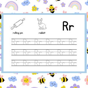May include: A children's educational worksheet with a white background and a light blue border. The worksheet features a rolling pin and a rabbit illustration, along with the letter "Rr" and handwriting practice lines. The background is decorated with bees, rainbows, flowers, and clouds.