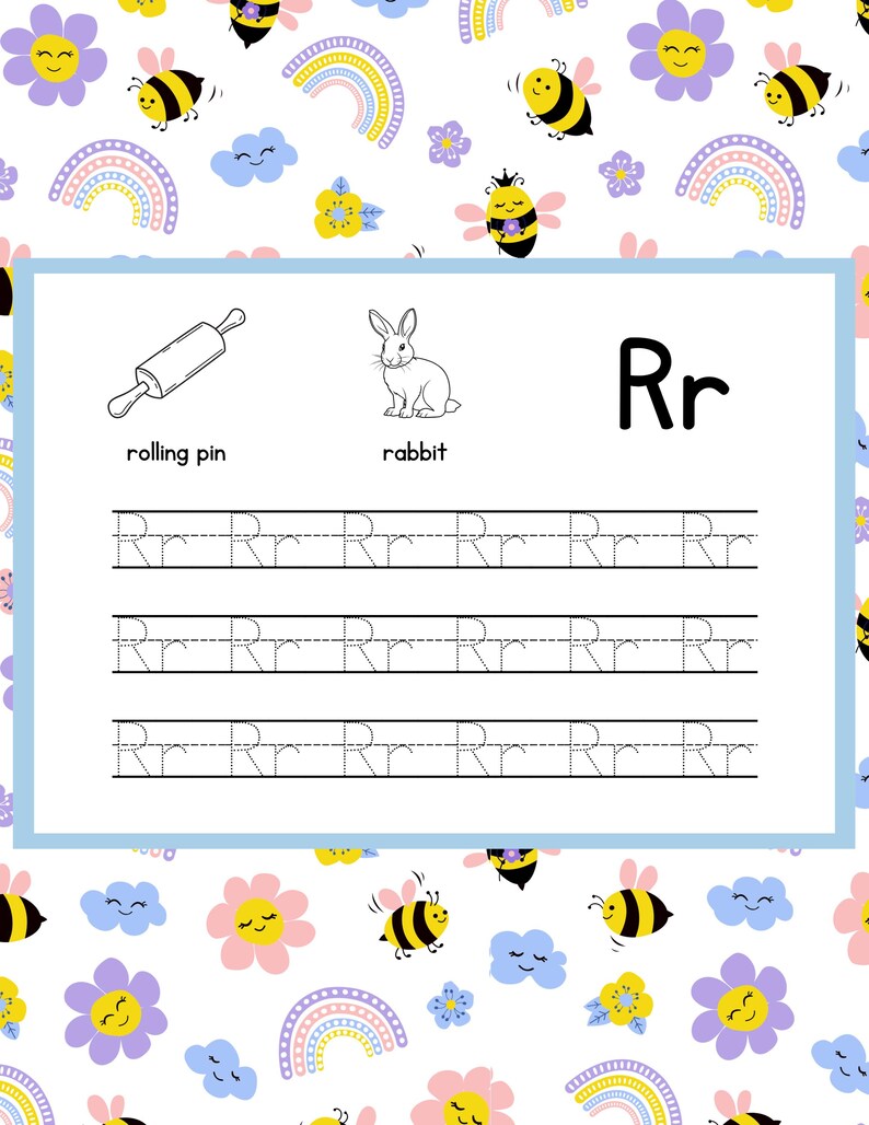 May include: A children's educational worksheet with a white background and a light blue border. The worksheet features a rolling pin and a rabbit illustration, along with the letter "Rr" and handwriting practice lines. The background is decorated with bees, rainbows, flowers, and clouds.
