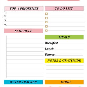 A printable daily planner template featuring sections for top priorities, a to-do list, schedule, meals, notes and gratitude, water tracker, and a mood scale.