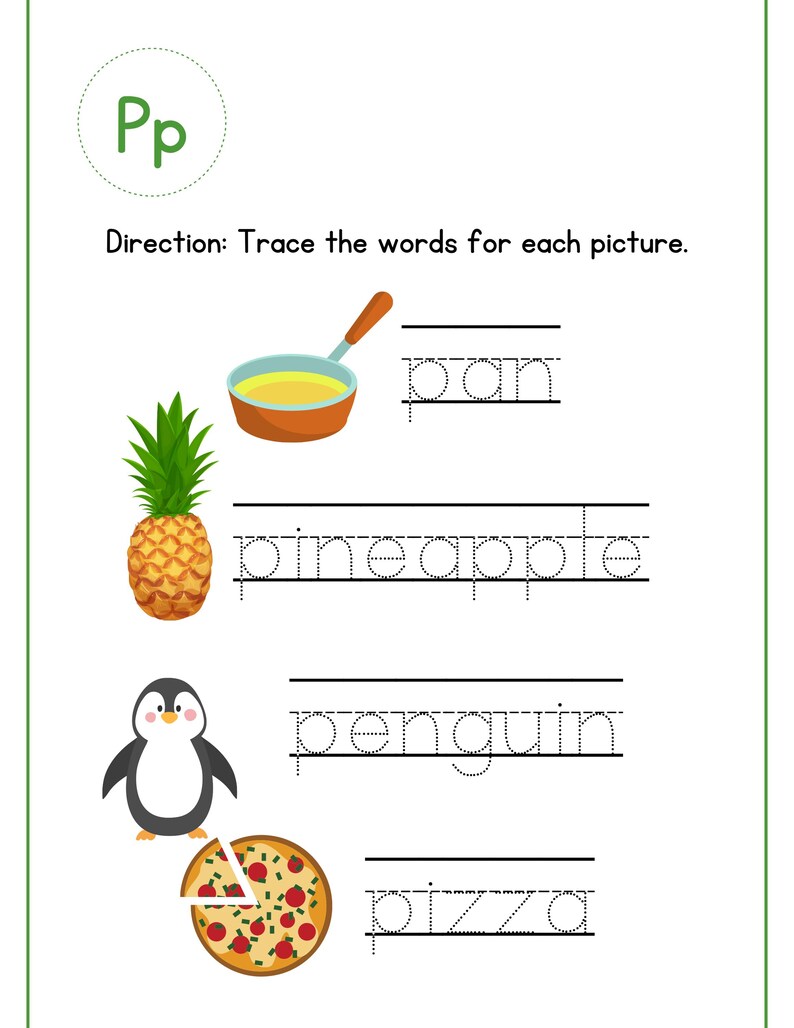 May include: Educational worksheet featuring the letter "P" with illustrations of a pan, pineapple, penguin, and pizza. The worksheet includes dotted lines for tracing the words associated with each image.