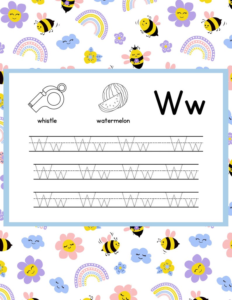 May include: A children's educational worksheet with a white background and a light blue border. The worksheet features illustrations of a whistle and a watermelon, along with the letter "W" and tracing lines for practice. The background is decorated with bees, flowers, rainbows, and clouds.