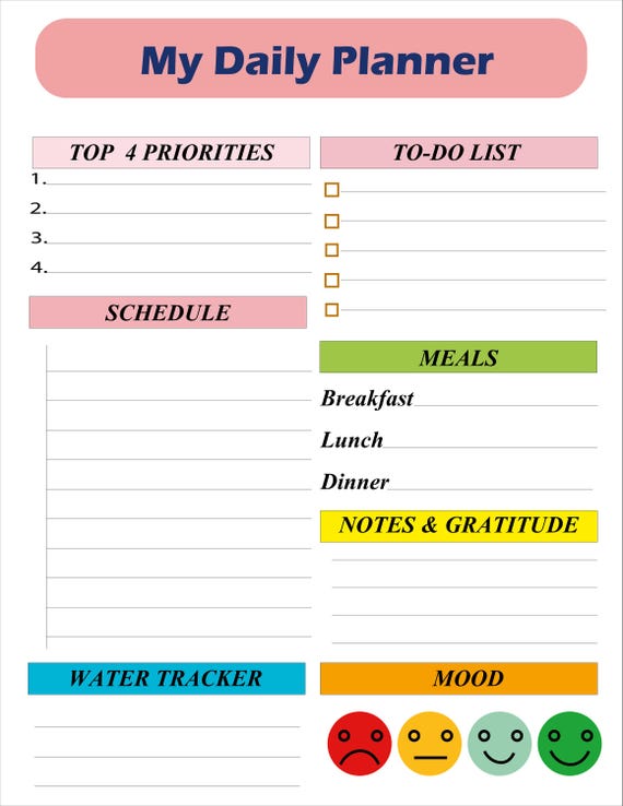 printable daily planner | aesthetic Minimalist design | US letter PDF | TO-do List + Schedule +Meals + Water Tracker | instant Download