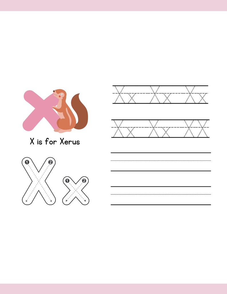 May include: A pink and white educational worksheet for learning the letter "X". The worksheet features a cartoon xerus, the text "X is for Xerus", and tracing exercises for the uppercase and lowercase letter X.