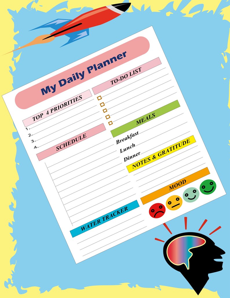 A tilted view of the printable daily planner page set against a blue background with a rocket and a silhouette of a head with a colorful brain.