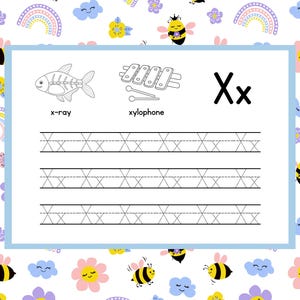 May include: A children's educational worksheet with a white background and a light blue border. The worksheet features the letter "X", illustrations of an x-ray and a xylophone, and tracing lines. The background is decorated with bees, flowers, rainbows, and clouds.
