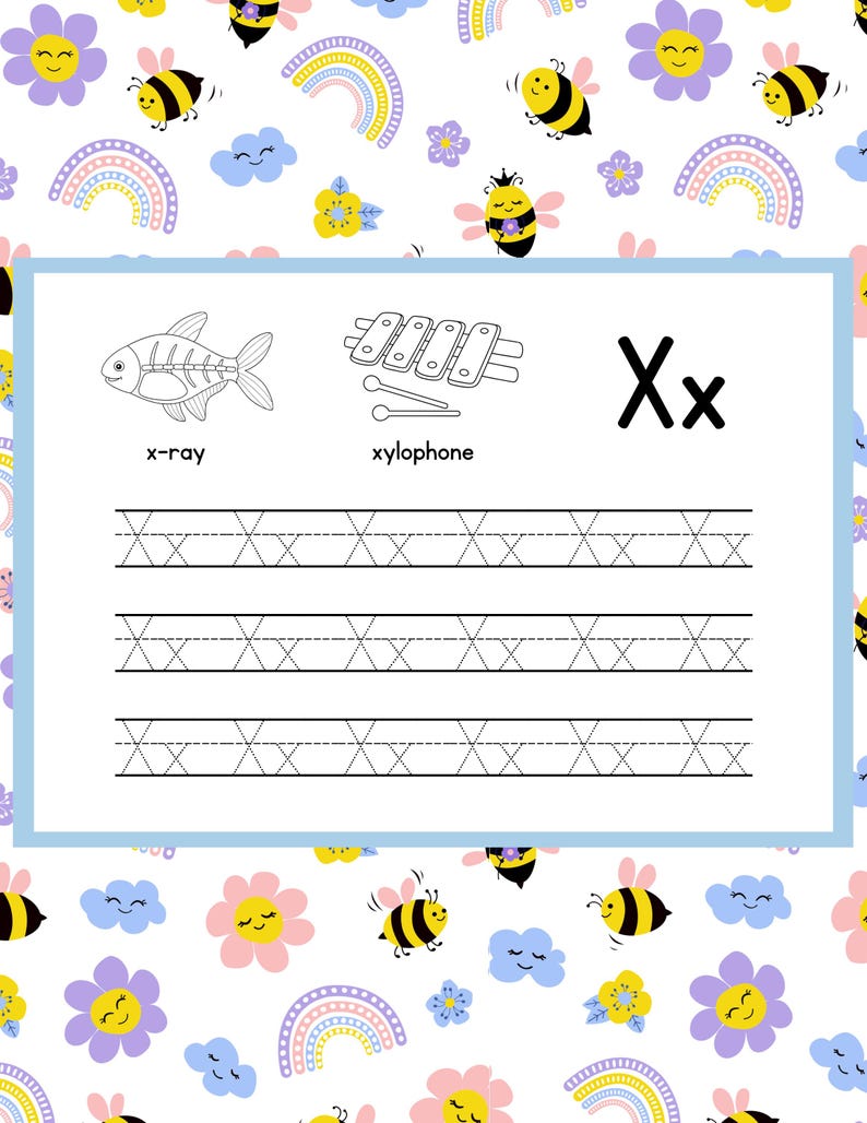 May include: A children's educational worksheet with a white background and a light blue border. The worksheet features the letter "X", illustrations of an x-ray and a xylophone, and tracing lines. The background is decorated with bees, flowers, rainbows, and clouds.