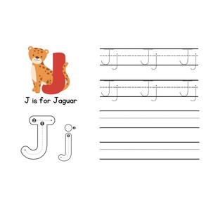 May include: A children's educational worksheet featuring a cartoon jaguar and the letter "J". The text "J is for Jaguar" is displayed. The worksheet includes tracing exercises for the uppercase and lowercase letter "J".