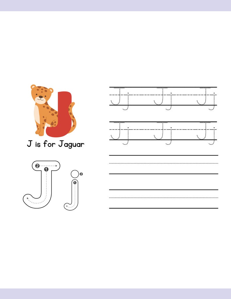 May include: A children's educational worksheet featuring a cartoon jaguar and the letter "J". The text "J is for Jaguar" is displayed. The worksheet includes tracing exercises for the uppercase and lowercase letter "J".